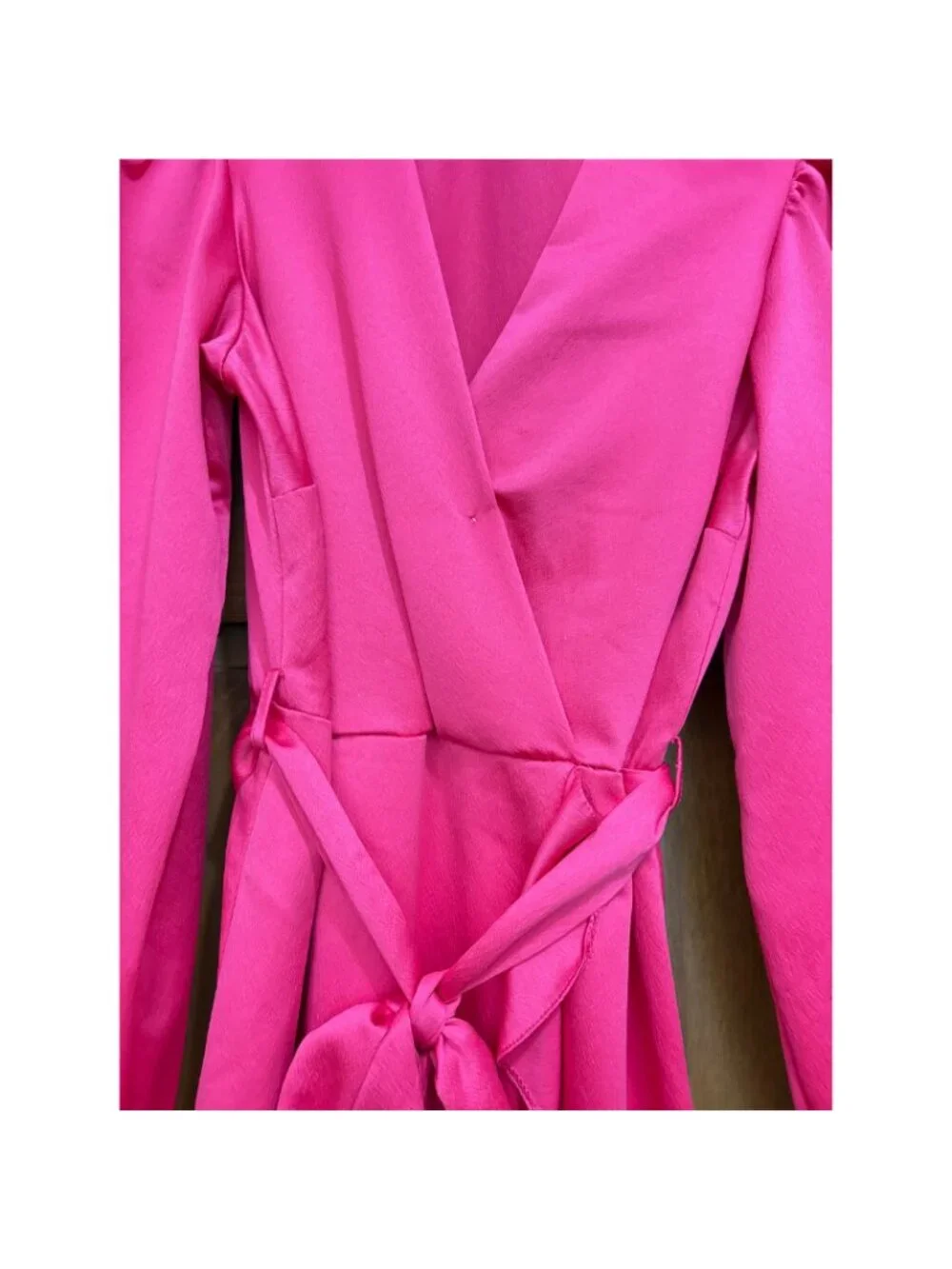 New Look Satin Wrap Dress Hot Pink Ruffle Hem Long Sleeve Size 6